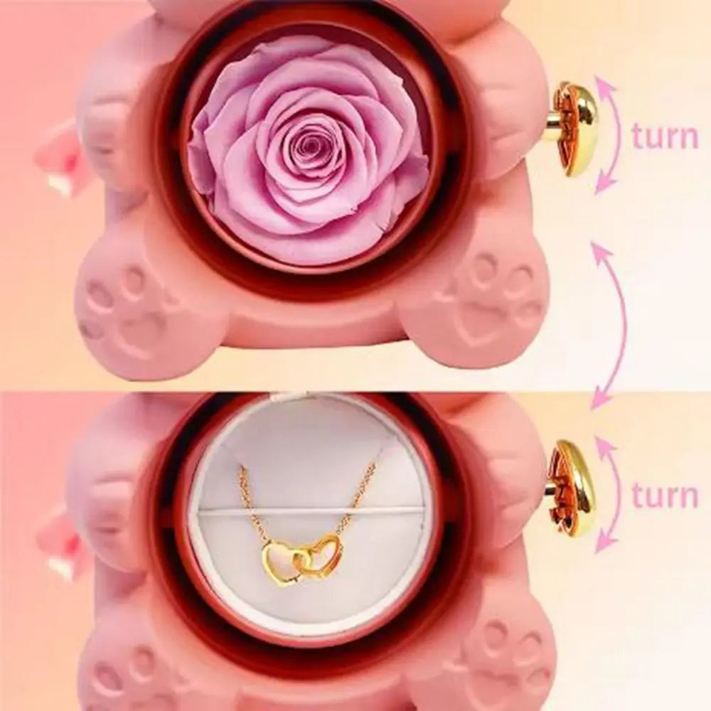 Plastic Rotating Hugging Bear Jewelry Box Romantic Cute Rose Bear Gifts Box with Soap Rose Jewelry Display