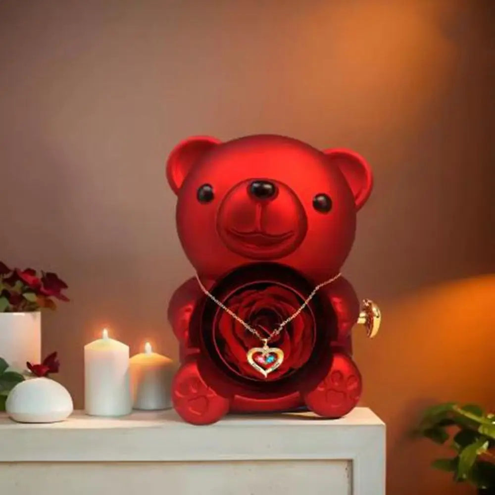 Plastic Rotating Hugging Bear Jewelry Box Romantic Cute Rose Bear Gifts Box with Soap Rose Jewelry Display