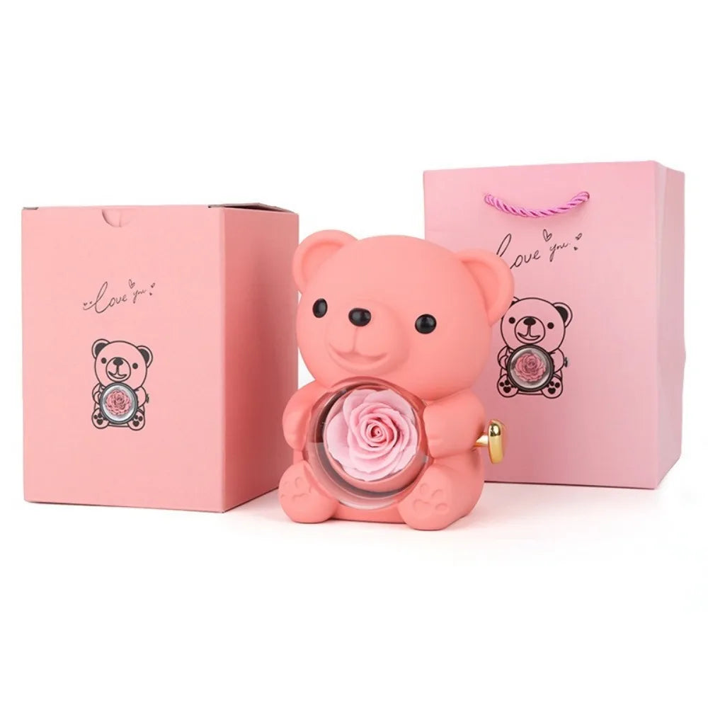 Plastic Rotating Hugging Bear Jewelry Box Romantic Cute Rose Bear Gifts Box with Soap Rose Jewelry Display