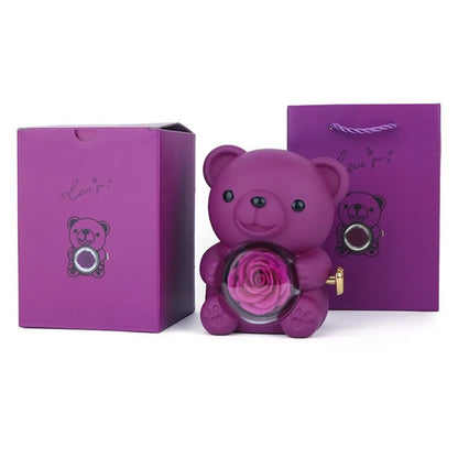 Plastic Rotating Hugging Bear Jewelry Box Romantic Cute Rose Bear Gifts Box with Soap Rose Jewelry Display