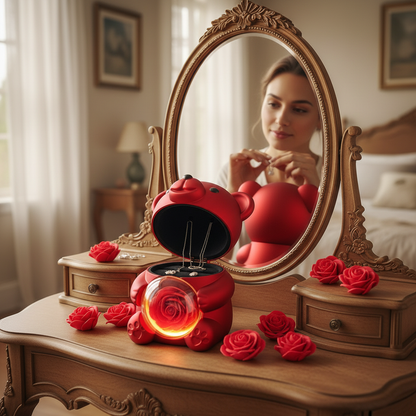 Plastic Rotating Hugging Bear Jewelry Box Romantic Cute Rose Bear Gifts Box with Soap Rose Jewelry Display