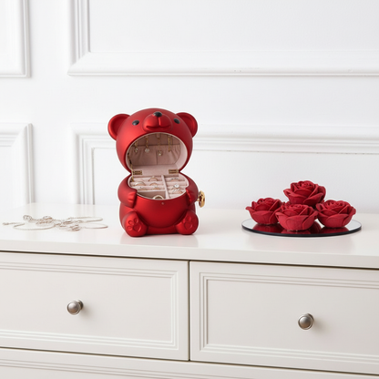 Plastic Rotating Hugging Bear Jewelry Box Romantic Cute Rose Bear Gifts Box with Soap Rose Jewelry Display