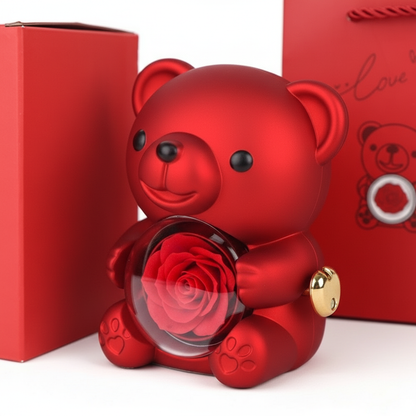 Plastic Rotating Hugging Bear Jewelry Box Romantic Cute Rose Bear Gifts Box with Soap Rose Jewelry Display